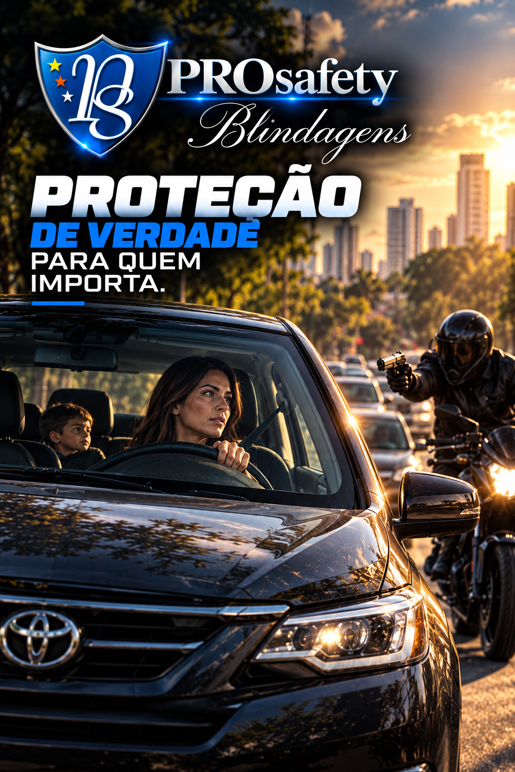 Mãe e filho dentro de um carro em uma cena urbana de risco ao pôr do sol