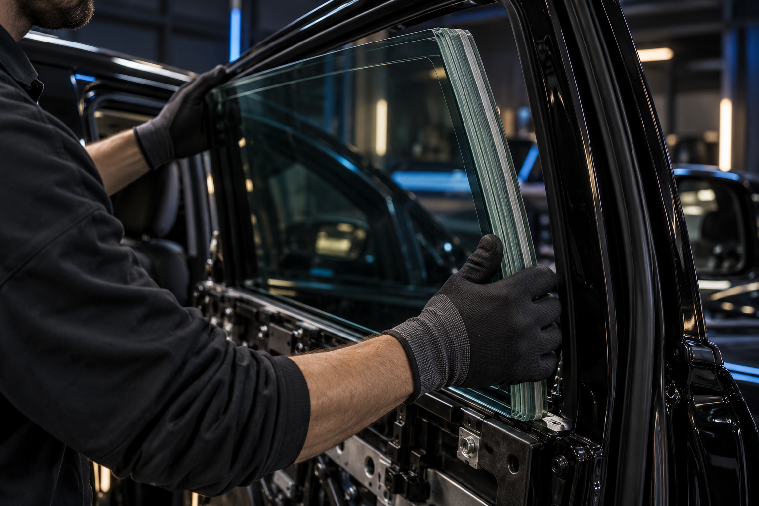 Imagem ilustrativa de trabalho técnico em um vidro automotivo